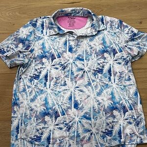 Birdie Bound Men’s Polo Shirt XL Tall Blue White Palm Tree Print Stretch Golf